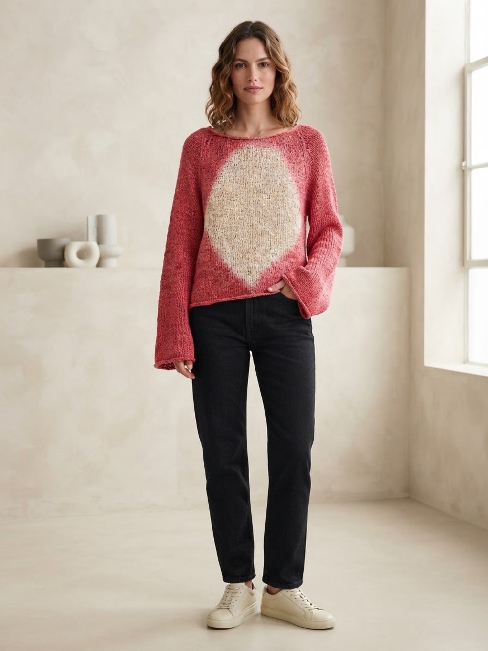 Dana Buchman Silk Pink Cream Diamond-Front Crewneck Sweater